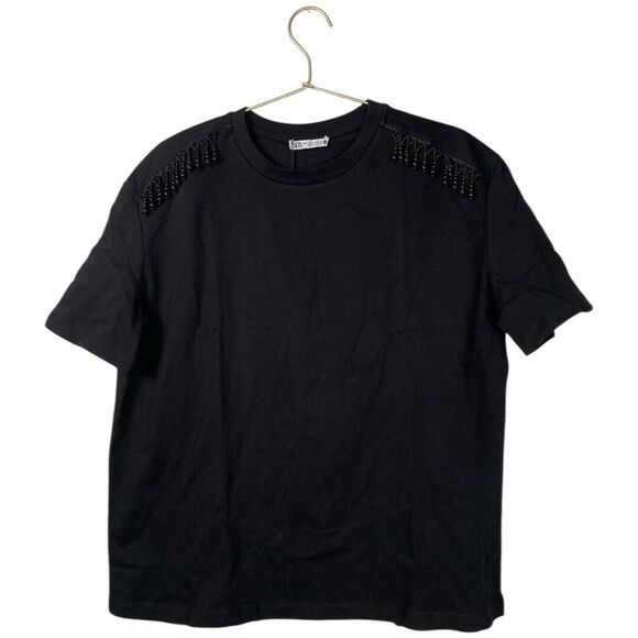 Zara Women's Short Sleeve Tee Shirt Beaded Shoulders‎ Solid Black Size S WP435 - Picture 1 of 8